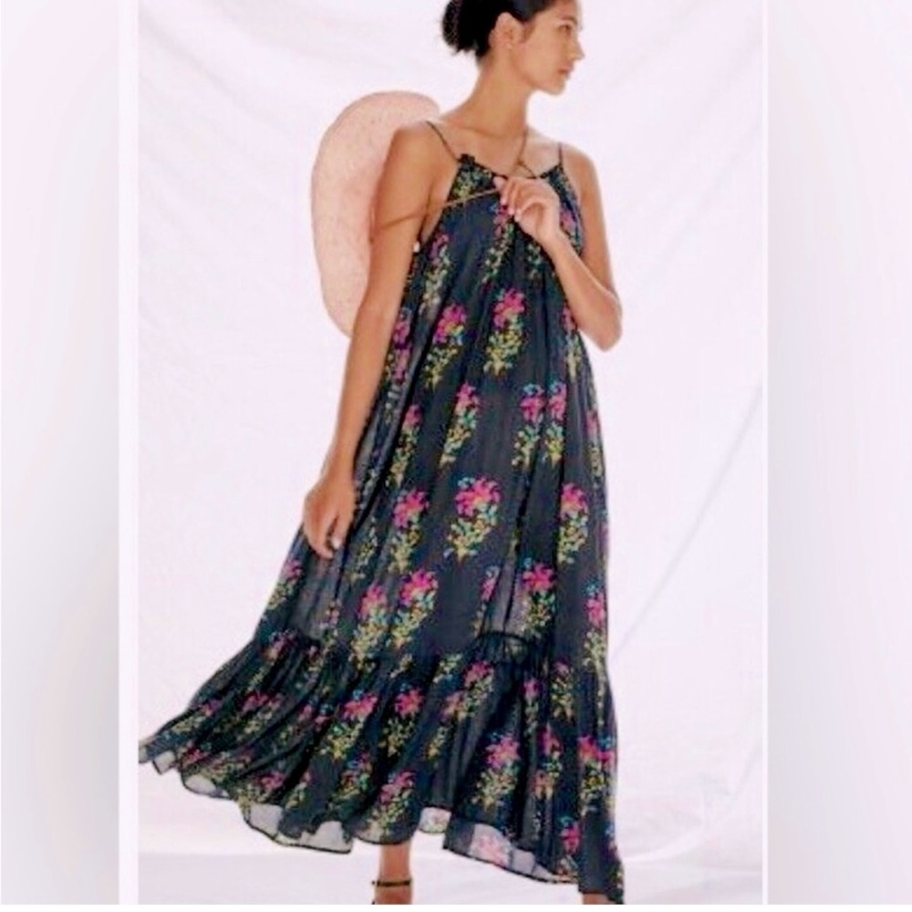 NWT ANTHROPOLOGIE Black Motif Flounced Maxi
Lounge Dress Size Petite XXS